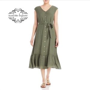 Nanette Lepore Sleeveless Button Front Belted MIDI Dress Ruffle Sage Green 12